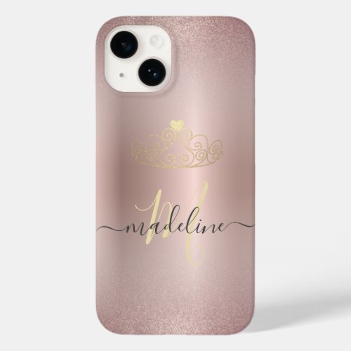Chic Rose Gold Glitter Monogram Initial Name Crown Case_Mate iPhone 14 Case