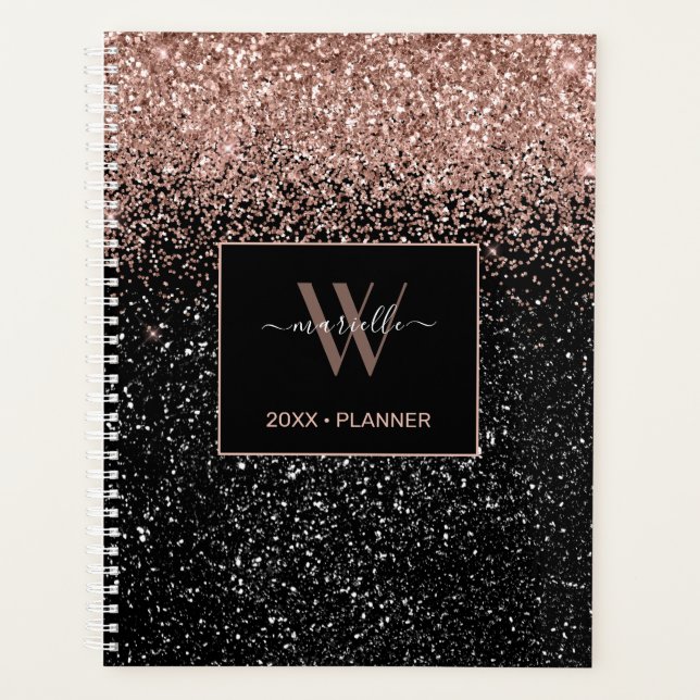 Chic Rose Gold Glitter Monogram Name 2022 Planner (Front)