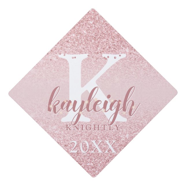 Chic Rose Gold Glitter Monogram Sparkle Name Graduation Cap Topper (Front)