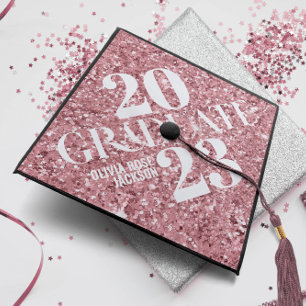 Chic Rose Gold Glitter Name & Year Personalized Graduation Cap Topper