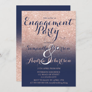 Chic rose gold glitter navy blue engagement party invitation