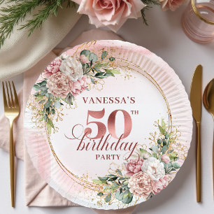 Chic Rose Gold Glitter Number 50th Birthday Floral Paper Plates