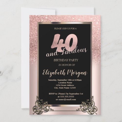 Chic Rose Gold Glitter Ombre 40th Birthday Party Invitation