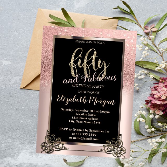 Chic Rose Gold Glitter Ombre 50th Birthday Party Invitation (Creator Uploaded)