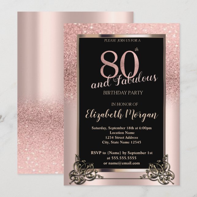 Chic Rose Gold Glitter Ombre 80th Birthday Party Invitation (Front/Back)