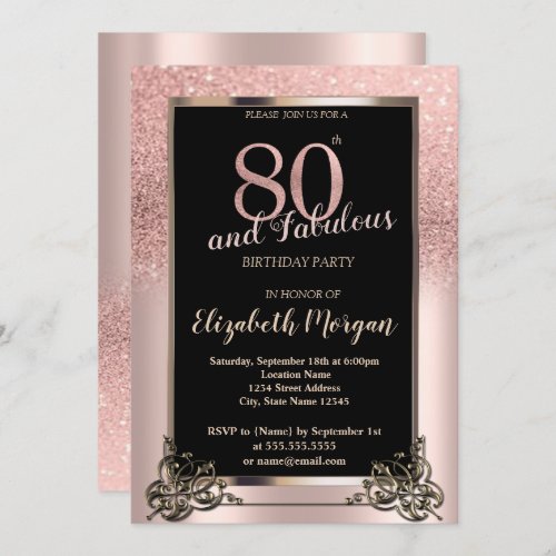 Chic Rose Gold Glitter Ombre 80th Birthday Party Invitation