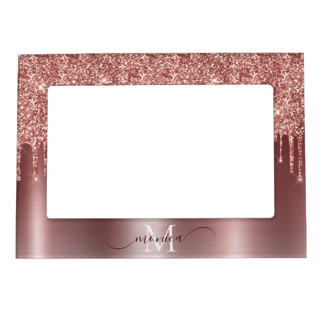 Chic Rose Gold Glitter Ombre Blush Pink Monogram Magnetic Frame (Front)