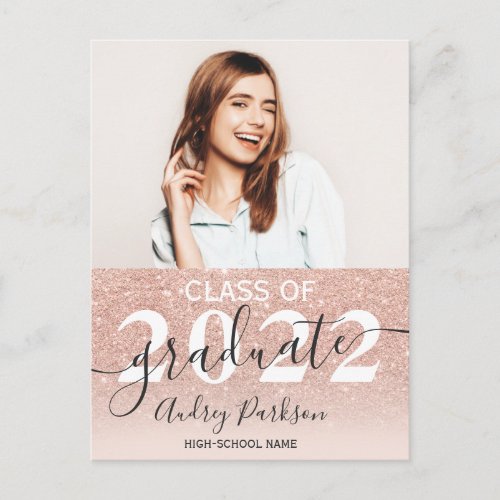 Chic rose gold glitter ombre photo graduation postcard