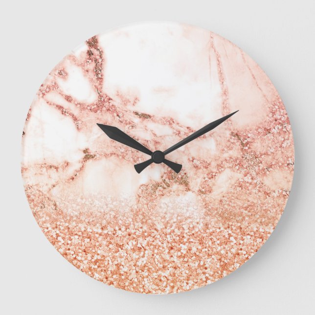 Chic rose gold glitter ombre pink glitter marble large clock (Front)