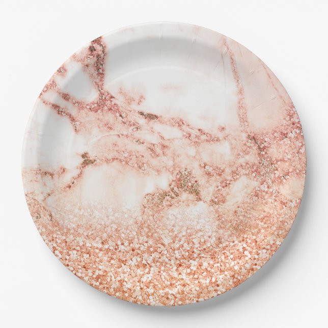 Chic rose gold glitter ombre pink glitter marble paper plates (Front)