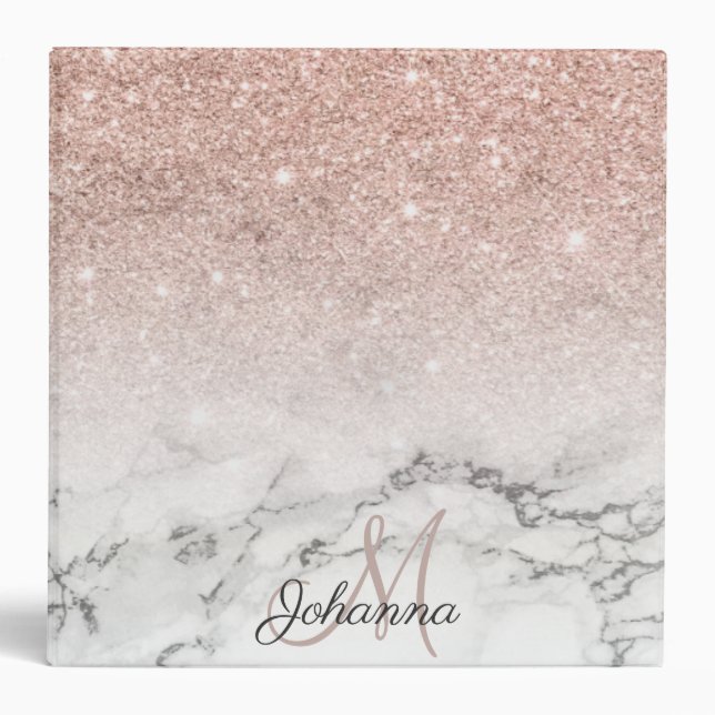 Chic rose gold glitter ombre white marble monogram 3 ring binder (Front)