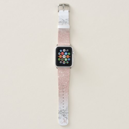 Chic rose gold glitter ombre white marble monogram apple watch band