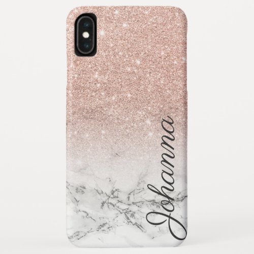 Chic rose gold glitter ombre white marble monogram iPhone XS max case