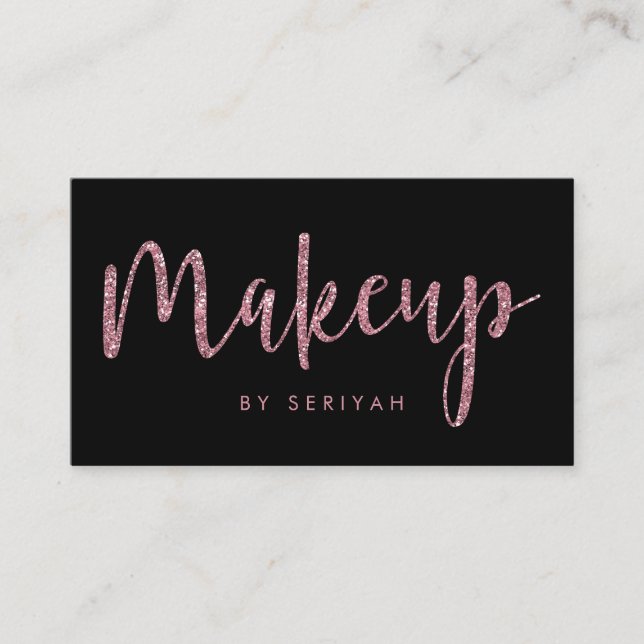 Chic Rose Gold Glitter on Black Makeup Artist Business Card (Front)