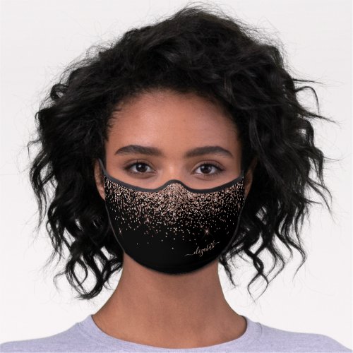 Chic Rose Gold Glitter on Black Name Script Premium Face Mask