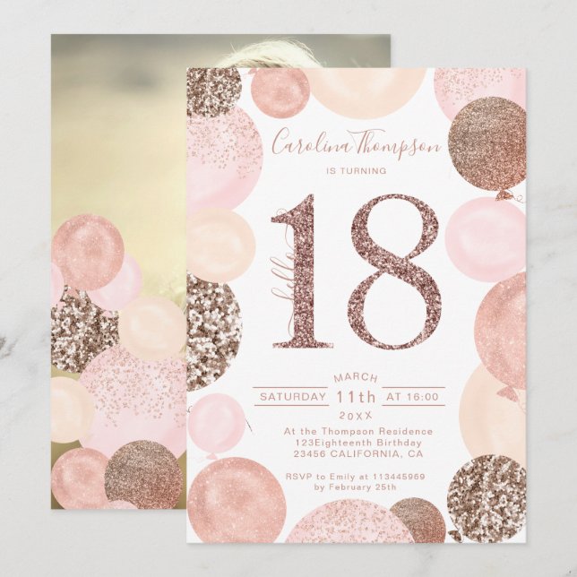 Chic rose gold glitter pink balloon photo 18th invitation (Front/Back)