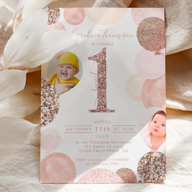 Chic rose gold glitter pink balloon photo first invitation (Creator Uploaded)
