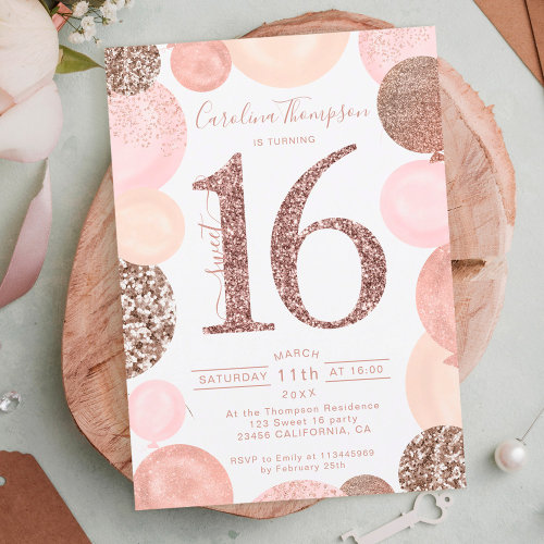 Chic rose gold glitter pink balloon Sweet 16 photo