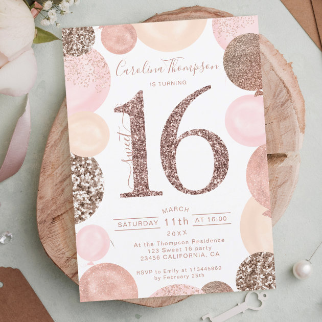 Chic Rose Gold Glitter Pink Balloon Sweet 16 Photo Invitation | Zazzle