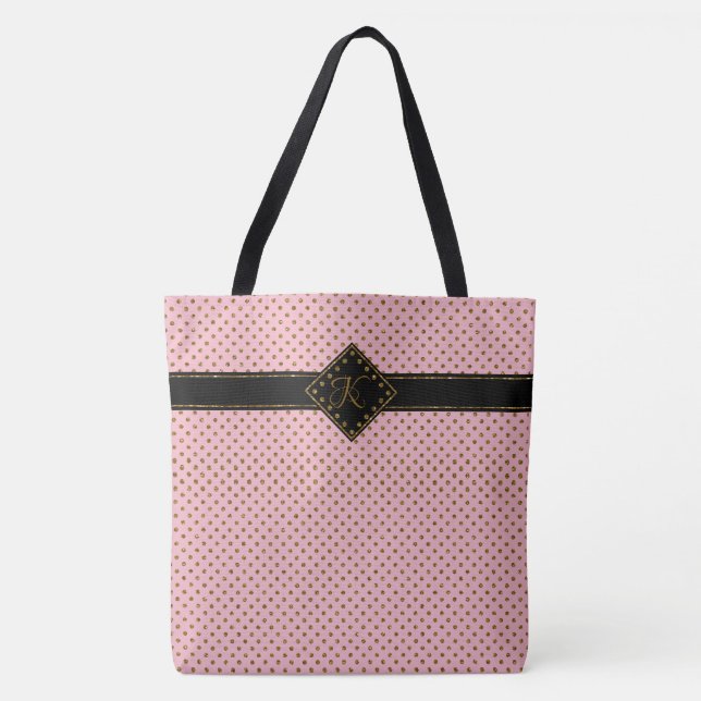 Chic Rose Gold Glitter Polka Dot Monogrammed Large Tote Bag (Front)