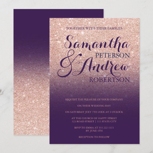 Chic rose gold glitter purple grape wedding invitation (Front/Back)