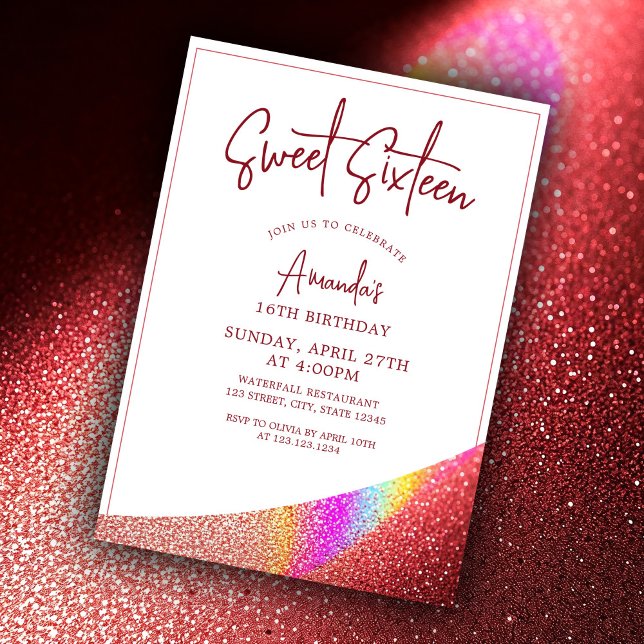 Chic Rose Gold Glitter Rainbow Sweet 16 Birthday Invitation (Creator Uploaded)