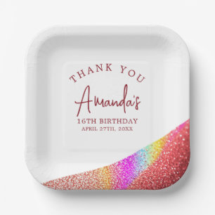 Chic Rose Gold Glitter Rainbow Sweet 16 Birthday Paper Plates