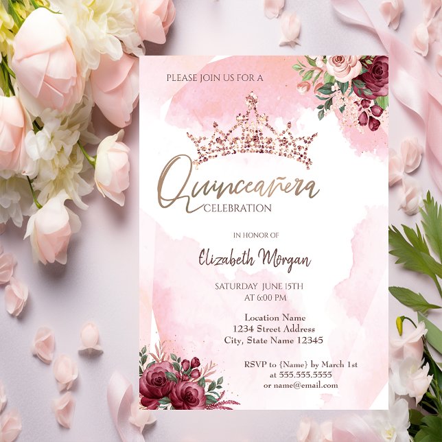Chic Rose Gold Glitter Roses Crown Quinceañera Invitation (Creator Uploaded)