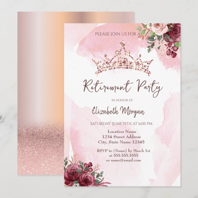 Chic Rose Gold Glitter Roses Crown Retirement Invitation (Front/Back)