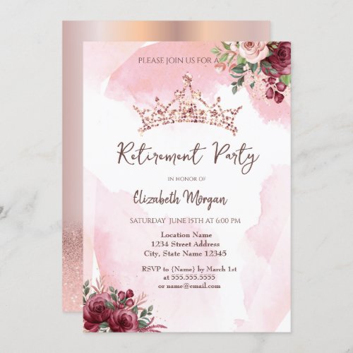Chic Rose Gold Glitter Roses Crown Retirement Invitation