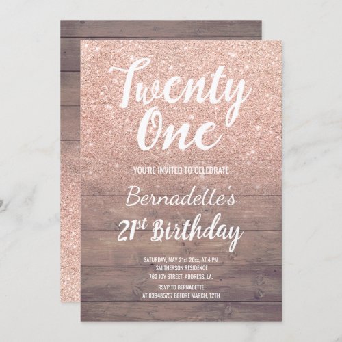 Chic rose gold glitter rustic wood 21st Birthday Invitation