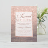 Chic rose gold glitter rustic wood girly Sweet 16 Invitation (Standing Front)