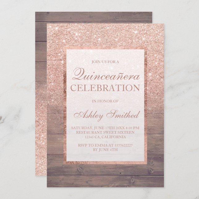 Chic rose gold glitter rustic wood Quinceañera Invitation (Front/Back)