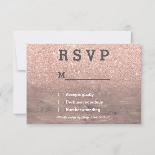 Chic rose gold glitter rustic wood RSVP wedding