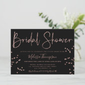Chic rose gold glitter script black bridal shower invitation (Standing Front)