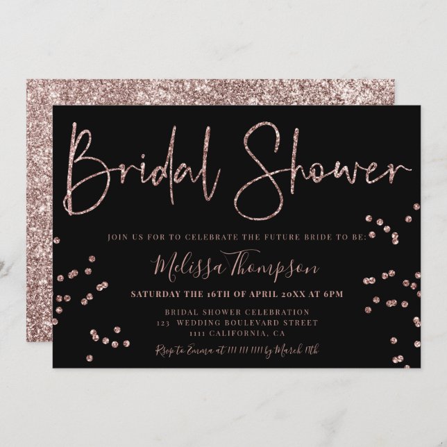 Chic rose gold glitter script black bridal shower invitation (Front/Back)