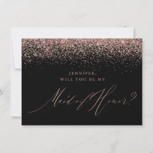 Chic Rose Gold Glitter Script Black Maid of Honor Invitation