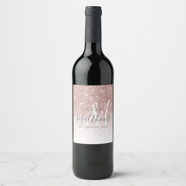 Chic Rose Gold Glitter Script Monogram Wedding Wine Label (Front)