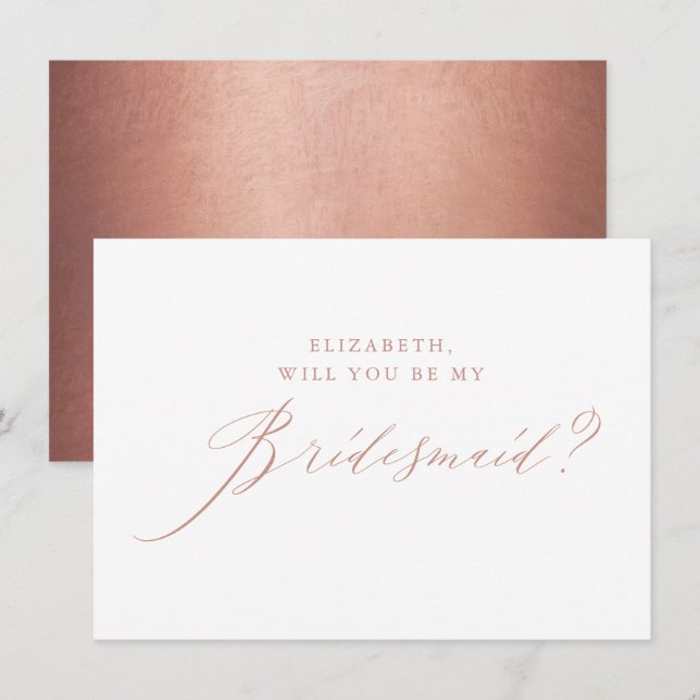 Chic Rose Gold Glitter Script White Bridesmaid Invitation (Front/Back)