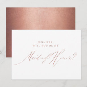 Chic Rose Gold Glitter Script White Maid of Honor Invitation