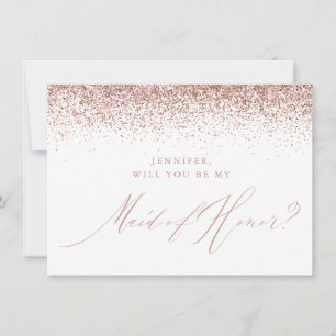 Chic Rose Gold Glitter Script White Maid of Honor Invitation