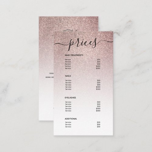 Chic Rose Gold Glitter Spa Salon Price List Menu Business Card