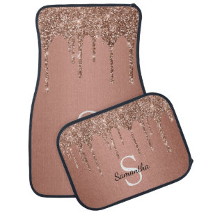 Chic Rose Gold Glitter Sparkle Drip Monogram Car Floor Mat