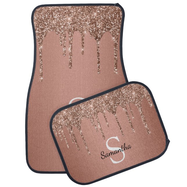 Chic Rose Gold Glitter Sparkle Drip Monogram Car Floor Mat (Set)