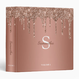 Chic Rose Gold Glitter Sparkle Drip Monogram Name 3 Ring Binder