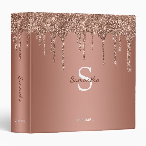 Chic Rose Gold Glitter Sparkle Drip Monogram Name 3 Ring Binder