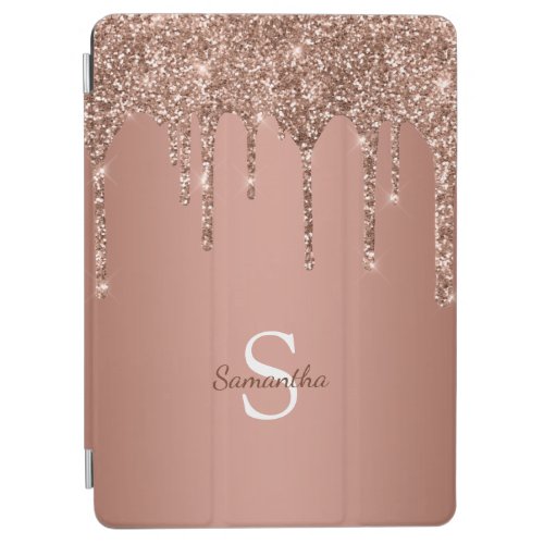 Chic Rose Gold Glitter Sparkle Drip Monogram Name iPad Air Cover