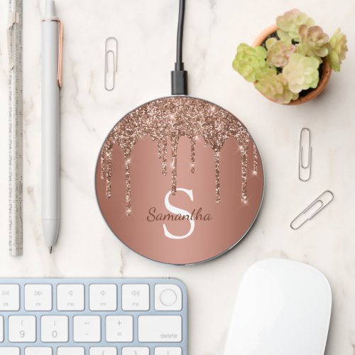 Chic Rose Gold Glitter Sparkle Drip Monogram Name Wireless Charger