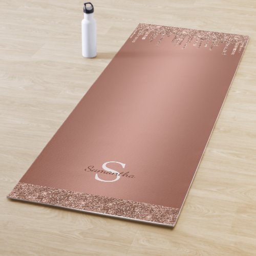 Chic Rose Gold Glitter Sparkle Drip Monogram Name Yoga Mat