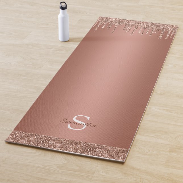 Chic Rose Gold Glitter Sparkle Drip Monogram Name Yoga Mat (In Situ)